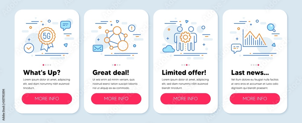 Set of Science icons, such as 5g technology, Employees teamwork, Integrity symbols. Mobile screen app banners. Investment graph line icons. Quality wi-fi, Collaboration, Social network. Vector