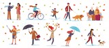 People in autumn park. Characters in fall season walking, riding bicycle, family with umbrella among falling leaves, child running on puddles pensioners on bench vector flat set
