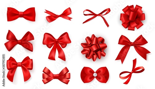 Realistic bow set. Red silk ribbons with bows festive decor satin rose, luxury elements for holiday packaging and design, elegant gift tape 3d vector decor set on white background