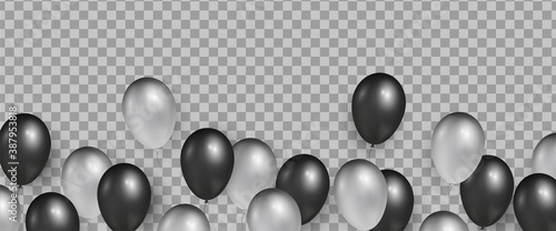 Transparent background with black and silver realistic glossy balloons for Black Friday Sale banners and flyers