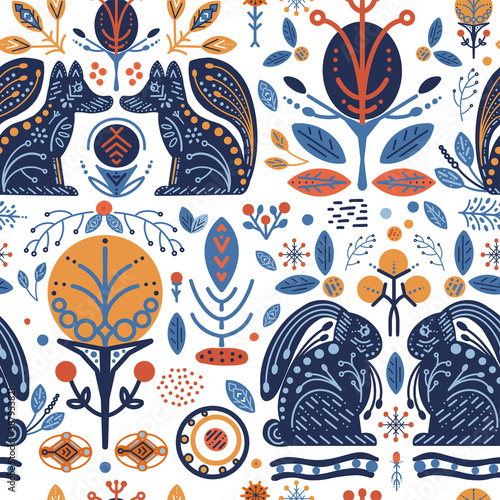Folk Scandinavian seamless pattern. Ornament, floral Nordic elements. Retro winter animal pattern with fox, hare. 