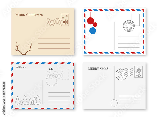 Christmas postcard. Vintage holiday postal card with stamp and winter elements new year greeting message, invitation and posting frame, kraft and white paper back side vector set