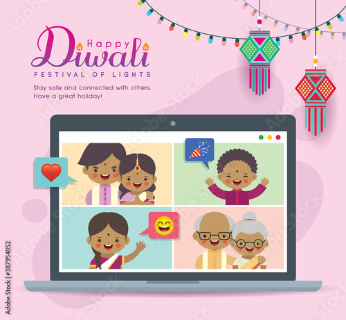 Cartoon Indian family having video chat on laptop screen. People meeting together via video call to celebrate festival. Virtual conference flat vector. Online holiday party during quarantine.