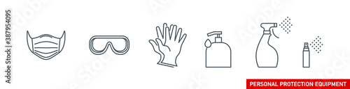 Personal protection equipment icons set - medical mask, latex gloves, soap, dispenser, protective glasses. Coronavirus covid 19 prevention outline symbols. Mask icon illustration with editable stroke