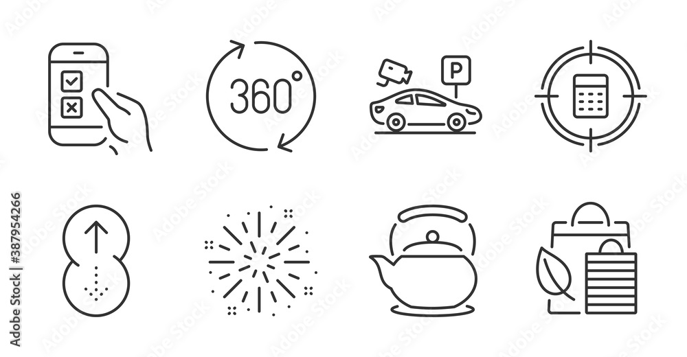 Swipe up, Fireworks explosion and Calculator target line icons set. Teapot, Parking security and Mobile survey signs. 360 degrees, Bio shopping symbols. Quality line icons. Swipe up badge. Vector