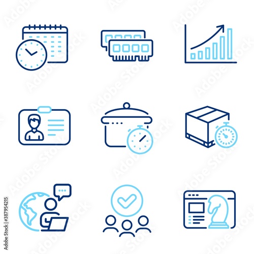 Business icons set. Included icon as Identification card, Ram, Approved group signs. Calendar time, Boiling pan, Seo strategy symbols. Delivery timer, Graph chart line icons. Line icons set. Vector