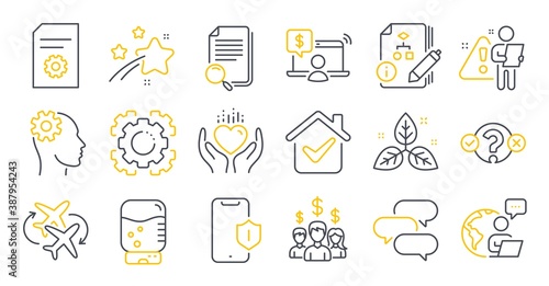Set of Business icons, such as Search file, File settings, Hold heart symbols. Engineering, Salary employees, Quiz test signs. Seo gear, Talk bubble, Connecting flight. Algorithm. Vector