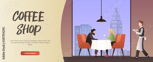 Meeting and conversation in cafe. People sitting at table drinking tea in restaurant, coffee shop landing page horizontal template, business lunch or romantic date vector illustration