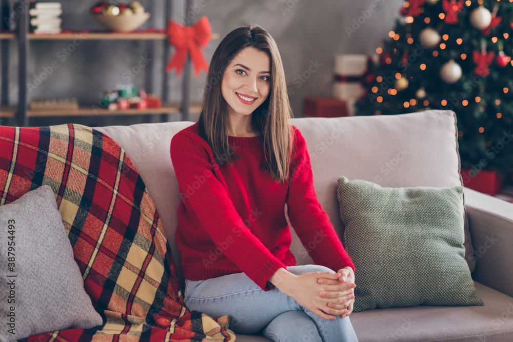 Photo of lovely girl sit divan toothy smiling in house indoors with x-mas christmas ornament tinsels Photo of lovely girl sit divan toothy smiling in house indoors with x-mas christmas ornament tinsels
