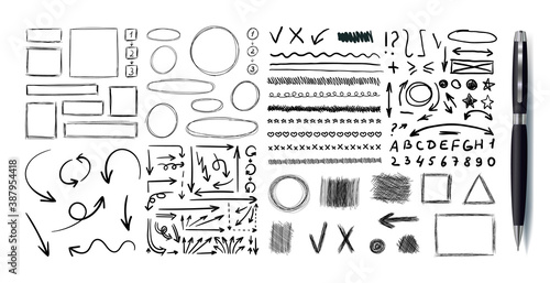 Vector Hand Drawn Set of Planning Elements, Correction Marks, Black 3D Pen and Drawings, Isolated.