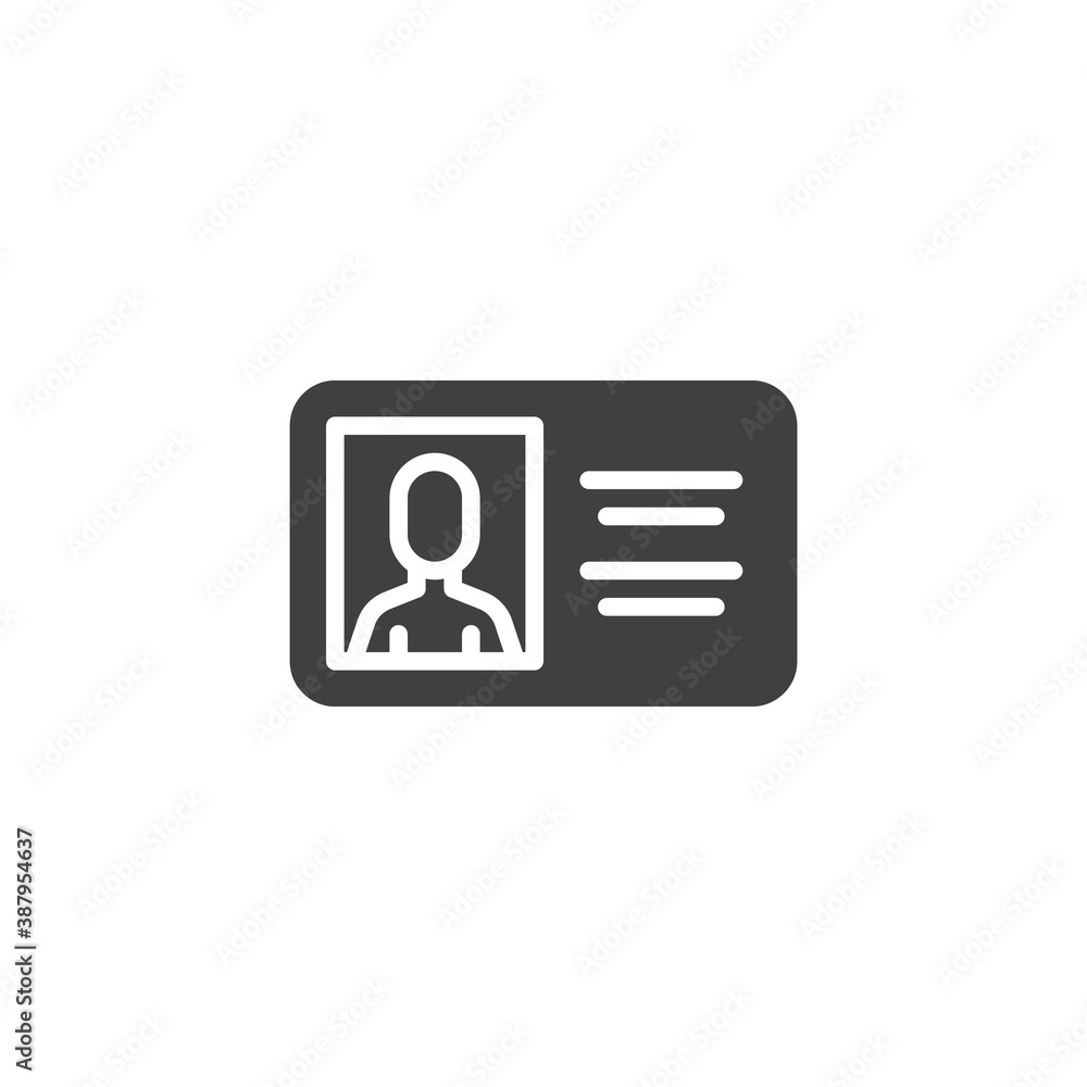 Id card vector icon. Identity badge filled flat sign for mobile concept and web design. Employee Identification card glyph icon. Symbol, logo illustration. Vector graphics Id card vector icon. Identity badge filled flat sign for mobile concept and web design. Employee Identification card glyph icon. Symbol, logo illustration. Vector graphics