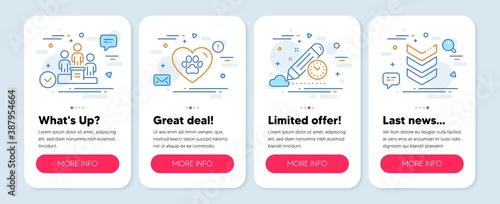 Set of Business icons, such as Pets care, Business podium, Project deadline symbols. Mobile screen app banners. Shoulder strap line icons. Love animals, Team nomination, Time management. Vector