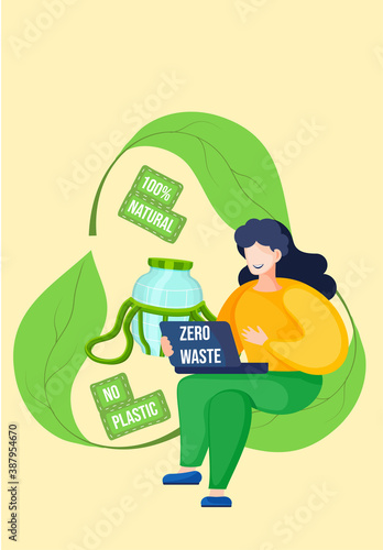 Girl with a laptop in her hands sits on the green recycling logo and works or studies on her computer. Recycling garbage and unnecessary things. Natural products and waste-free production. Environment