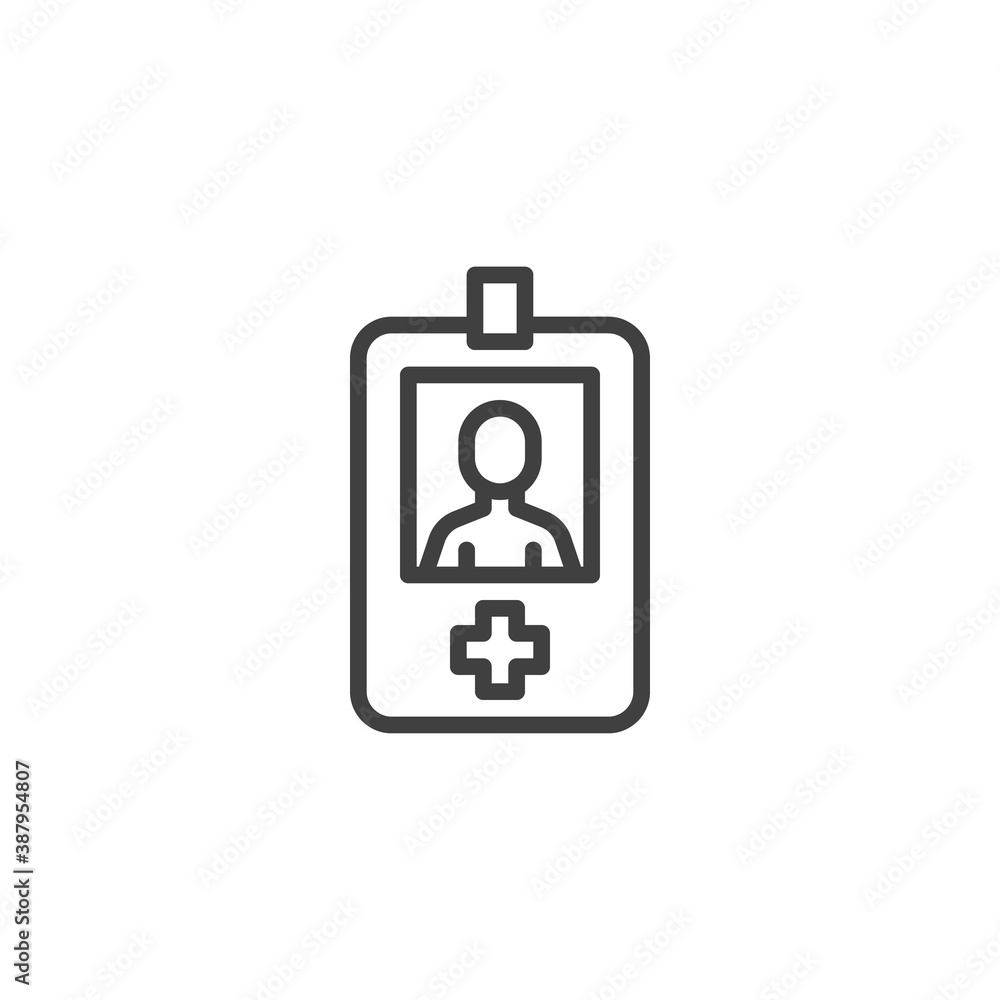 Doctor badge line icon. Hospital worker card linear style sign for mobile concept and web design. Medical Id card outline vector icon. Symbol, logo illustration. Vector graphics Doctor badge line icon. Hospital worker card linear style sign for mobile concept and web design. Medical Id card outline vector icon. Symbol, logo illustration. Vector graphics
