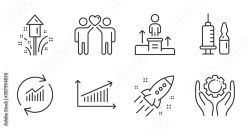 Startup rocket, Medical vaccination and Fireworks line icons set. Chart, Employee hand and Update data signs. Business podium, Friends couple symbols. Quality line icons. Startup rocket badge. Vector