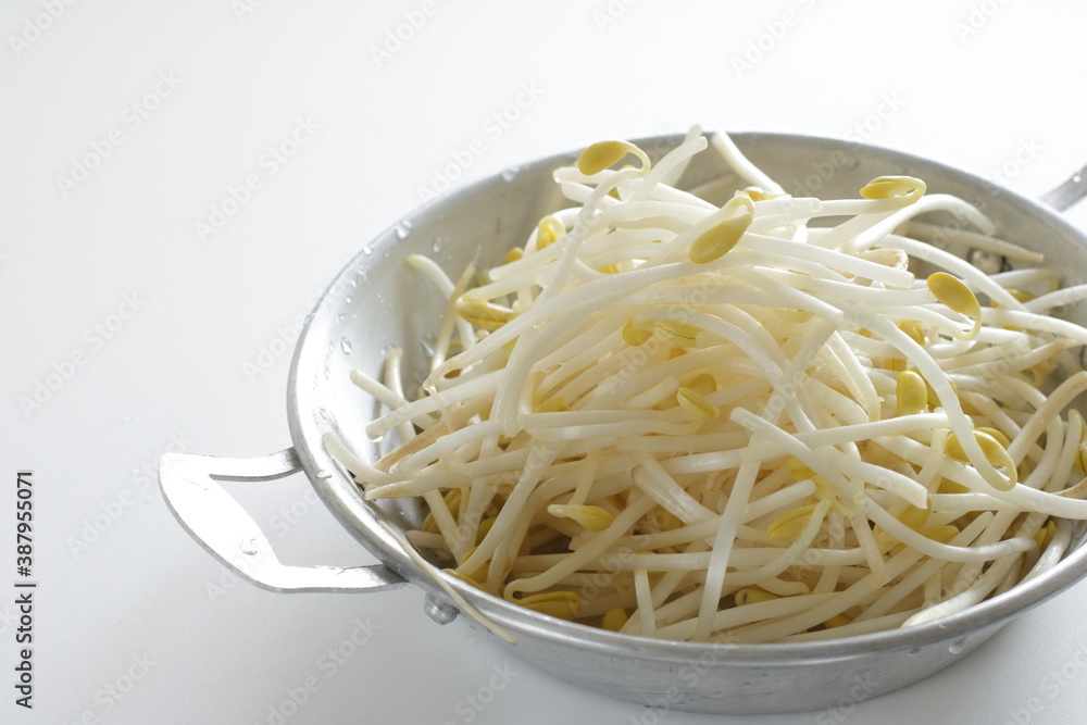Chinese vegetable, soy sprout in stainless steel pan Chinese vegetable, soy sprout in stainless steel pan