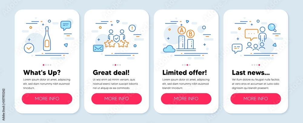 Set of Business icons, such as Ab testing, Champagne, Security agency symbols. Mobile app mockup banners. People chatting line icons. Test chart, Celebration drink, Body guards. Conference. Vector