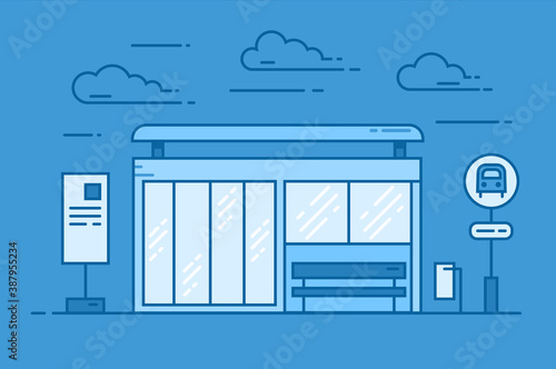 Bus stop vector line art colored illustration. Public transport station, bus terminal . Vector outline illustration on blue background.
