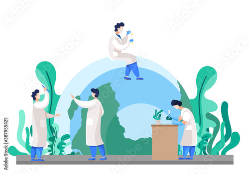Laboratory assistants conduct experiments with plants, study the impact on the environment. Ecological researcher analyzing test data, communicating. Scientist holding test tube, sitting on the globe
