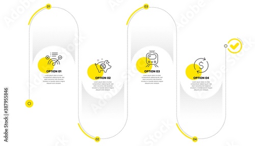 Train, Correct answer and Piggy sale line icons set. Timeline process infograph. Dollar exchange sign. Tram, Approved, Discounts. Banking rates. Business set. Infographics plan timeline. Vector