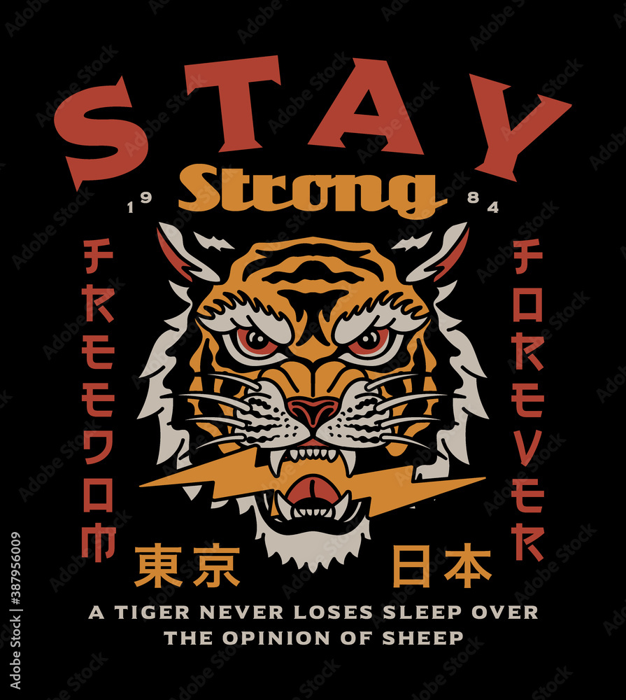 Asian Tiger Head with Lightning Illustration and Tokyo Japan Words in Japanese Letters Vector Artwork on Black Background Asian Tiger Head with Lightning Illustration and Tokyo Japan Words in Japanese Letters Vector Artwork on Black Background