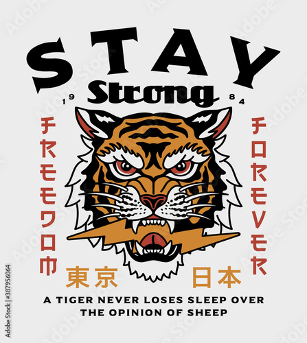 Asian Tiger Head with Lightning Illustration and Tokyo Japan Words in Japanese Letters Vector Artwork on White Background