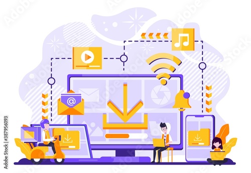 vector illustration of file storage technology, sharing, remote worker, network industry 4.0. people sharing work file. cloud improvement to transfer is effective and faster. tiny people character