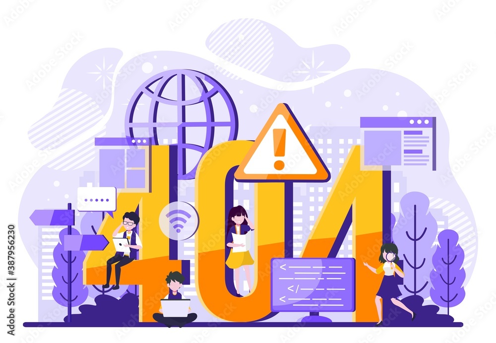 Obraz premium 404 error page not found System updates, uploading, operation, computing, installation programs. system maintenance. Tiny people illustration . Vector illustration