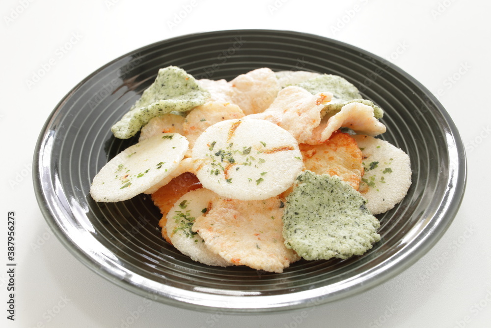 Japanese snack food, mixed rice cracker on dish Japanese snack food, mixed rice cracker on dish