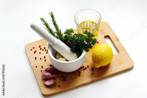 mortar filled with fresh herbs