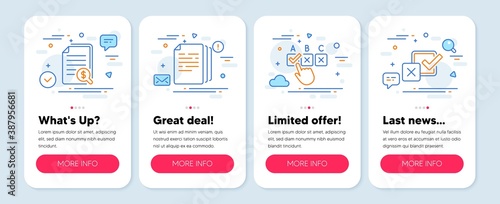 Set of Education icons, such as Copy documents, Correct checkbox, Financial documents symbols. Mobile screen banners. Checkbox line icons. Paper pages, Answer, Check docs. Survey choice. Vector