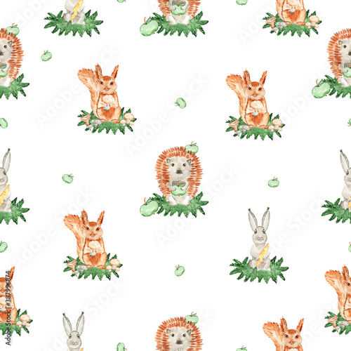 Watercolor seamless pattern with forest animals. Bunny, squirrel, hedgehog. With elements of apples, mushrooms and carrots.