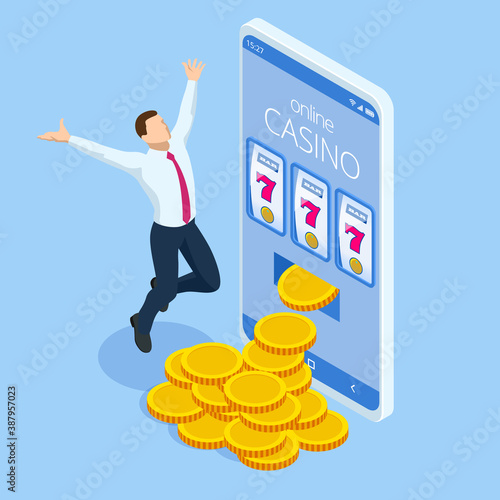 Isometric Online Casino Gambling Concept. Smartphone or Mobile Phone and Slot Machine.