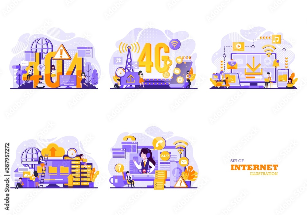 internet illustration set. page not found, 4g network, data sharing, customer service, cloud storage. Tiny people illustration. Vector illustration