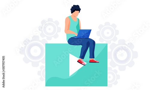 Woman sitting on the video player and working with laptop in social networks isolated on white. Female character dressed in casual clothes holding computer on her knees typing on the keyboard