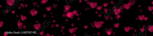 Black greeting card banner with purple shiny glowing hearts with bokeh effect. St Valentines Day vector background