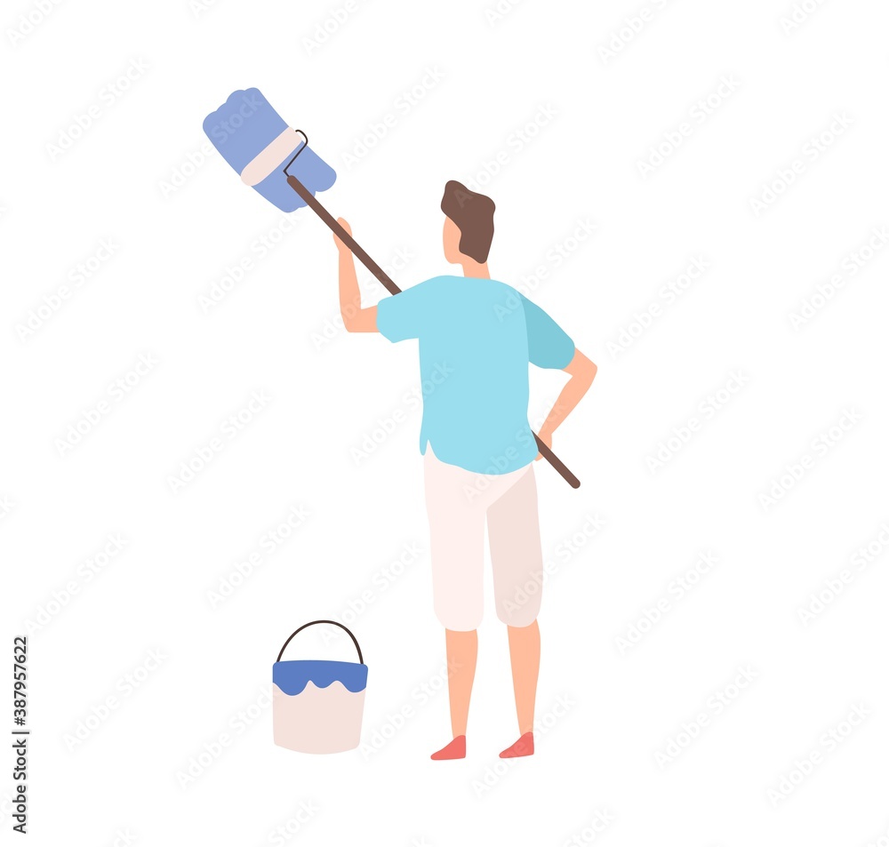 Male painter depict image or advertising on wall vector flat illustration. Man painting using paint roller isolated on white. Guy decorator hold tool during work Male painter depict image or advertising on wall vector flat illustration. Man painting using paint roller isolated on white. Guy decorator hold tool during work