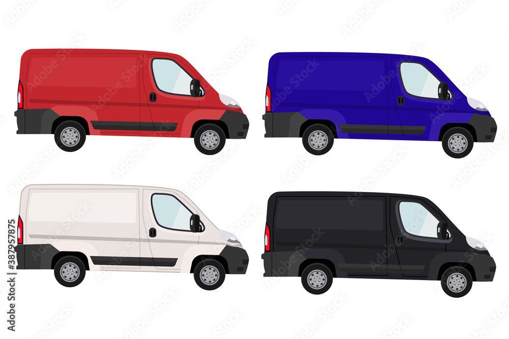 Fototapeta premium Minivan, delivery of goods. Set of minivans in different colors. Vector illustration.