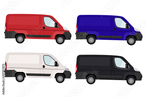 Minivan, delivery of goods. Set of minivans in different colors. Vector illustration.