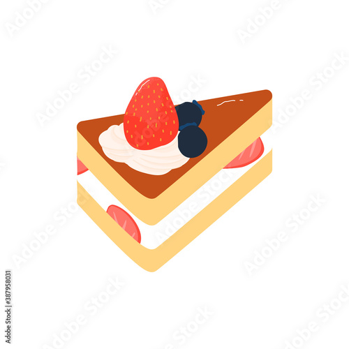 Slice of japanese strawberry sponge cake with blueberries Elements vector illustration