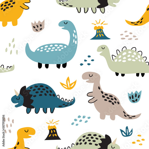 Childish seamless pattern with cute dinosaurs . Creative texture for fabric and textile © ihorzigor