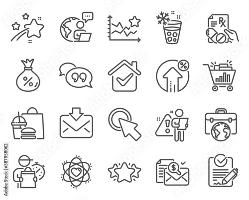 Business icons set. Included icon as Rfp, Businessman case, Atom signs. Quote bubble, Incoming mail, Accounting report symbols. Seo shopping, Click here, Ranking stars. Loan percent, Loan. Vector