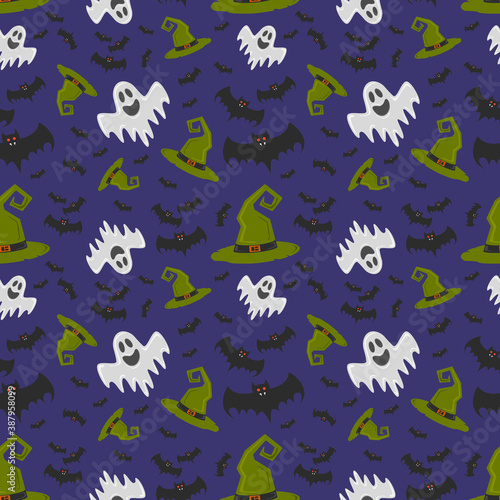 Pattern with ghost, bats and witch hat . Helloween. illustration. or gift paper, textiles, clothes, social networks, wallpaper, prints, festive decor.