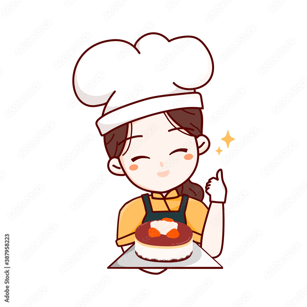 Bakery logo template elements with cute women chef and holding birthday strawberry cake vector illustration Bakery logo template elements with cute women chef and holding birthday strawberry cake vector illustration