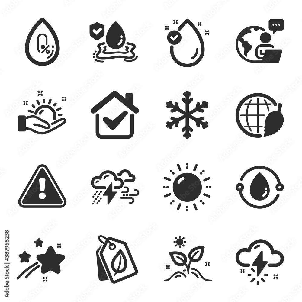 Set of Nature icons, such as Sun energy, Bad weather, Grow plant symbols. Snowflake, Flood insurance, Environment day signs. Vitamin e, Sunny weather, Bio tags. Cold-pressed oil. Vector