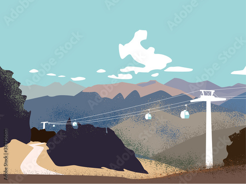 Mountain panoramic landcape in sunny day with chairlift, silhoettes of trees, forest and clouds on blue sky. Editable vector illustration