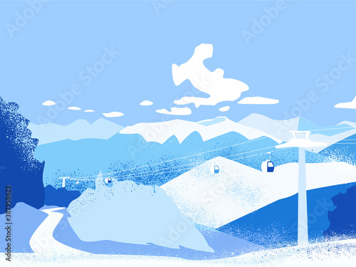 Snow ski resort. Mountain winter landscape with chairlift for skiing and snowboarding sports. Seasonal recreation spot with ski lift.  Editable vector illustration