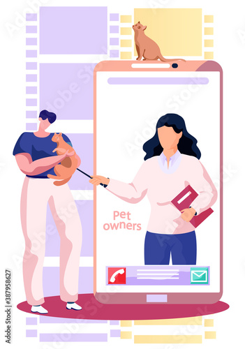 Mobile phone application for pet owners to socialize get information and share photos of cats dogs or other animals. Modern app for smartphone to find an owner for homeless kittens at the shelter