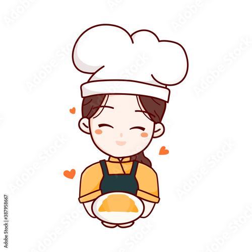 homemade logo template element with cute female chef with holding plate and croissant love hand drawn vector illustration