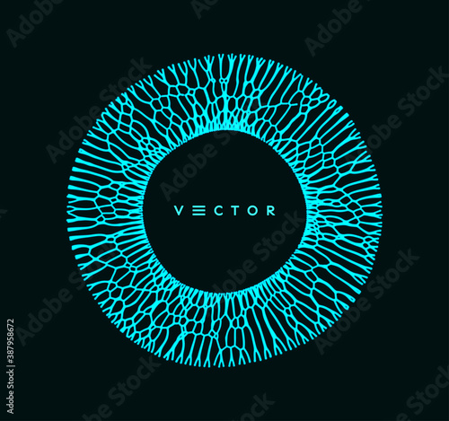 Small particles strive out of center. Space vortex. Abstract grid design. Vector illustration in technology style. Can be used for science, chemistry or education.